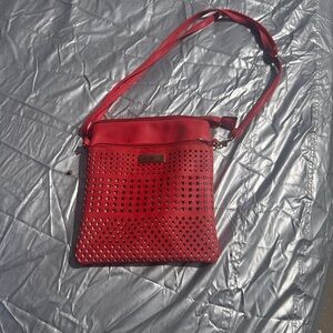 Red Faux Leather Crossbody Bag Perforated Front Small Shoulder Purse